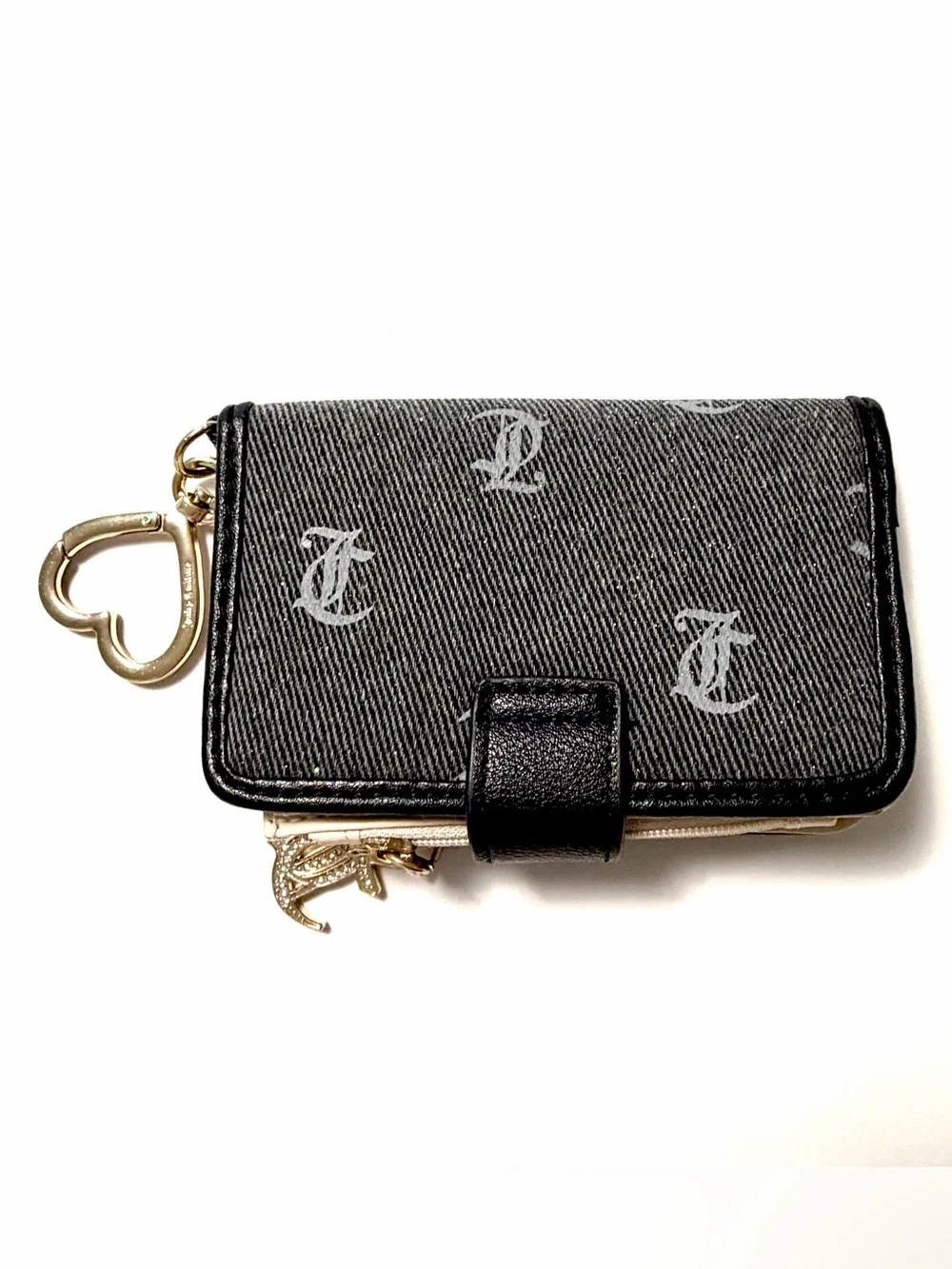 Juicy Couture NWOT Pack It Up Tab Card Wallet Black (liquorice) denim wth Gold